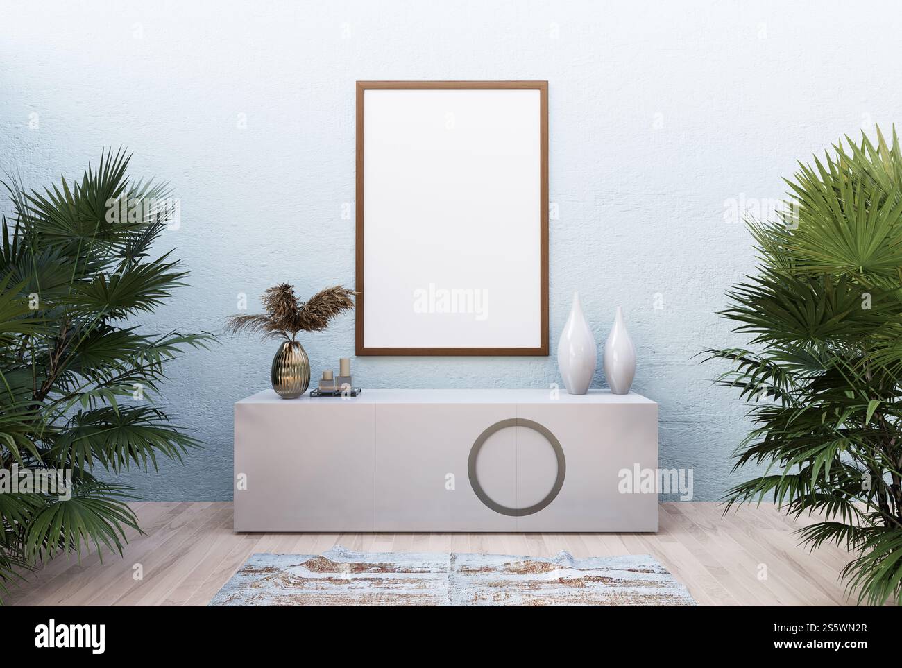 3D-Abbildung. Postermockup mit vertikalem Rahmen im Wohnzimmer, Rendering Stockfoto