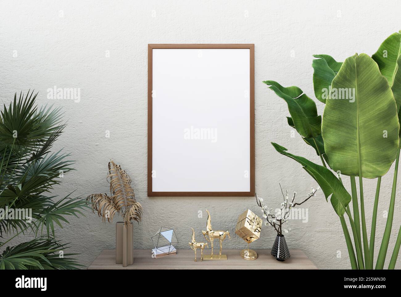 3D-Abbildung. Postermockup mit vertikalem Rahmen im Wohnzimmer, Rendering Stockfoto