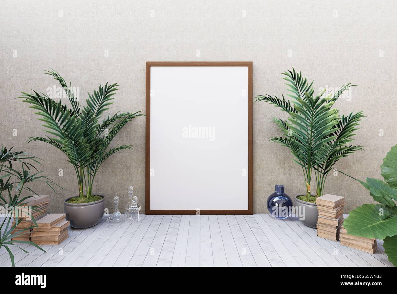 3D-Abbildung. Postermockup mit vertikalem Rahmen auf Holzboden im Wohnzimmer, Rendering Stockfoto