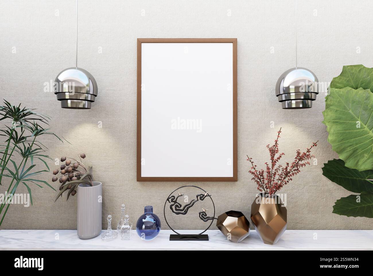 3D-Abbildung. Postermockup mit vertikalem Rahmen im Wohnzimmer, Rendering Stockfoto