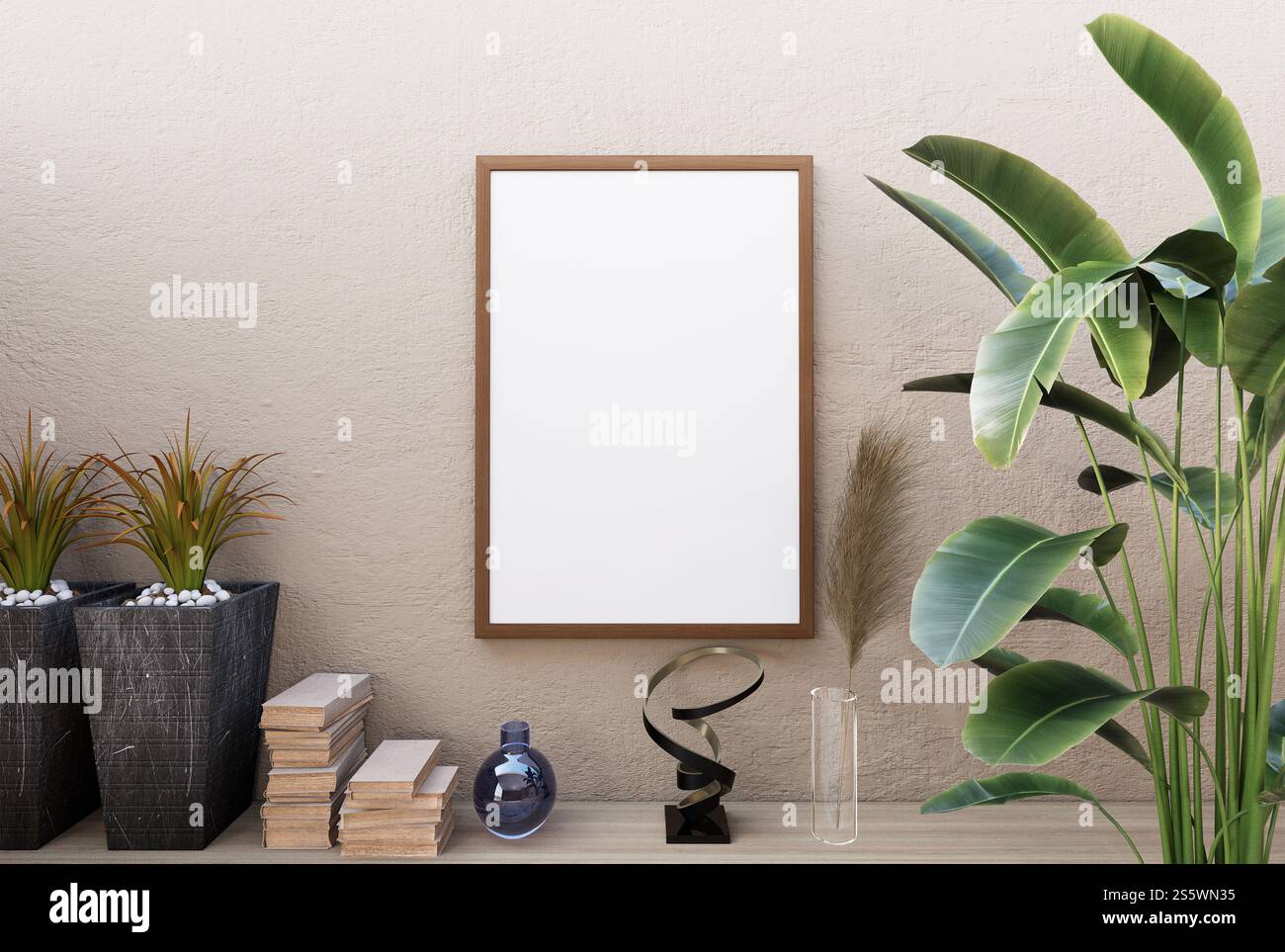 3D-Abbildung. Postermockup mit vertikalem Rahmen im Wohnzimmer, Rendering Stockfoto