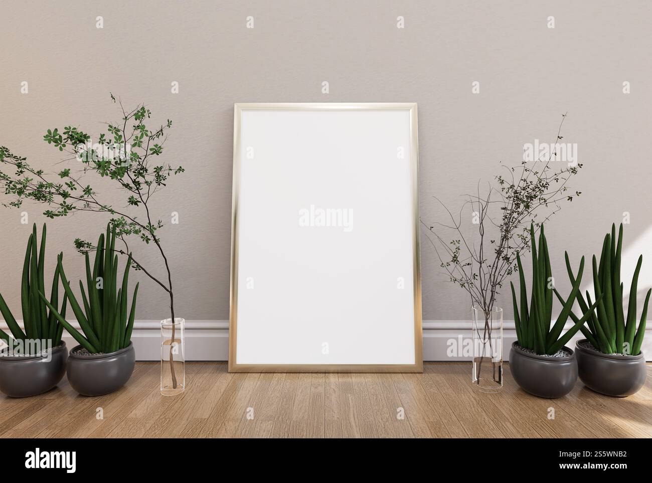 3D-Abbildung. Postermockup mit vertikalem Rahmen auf Holzboden im Wohnzimmer, Rendering Stockfoto