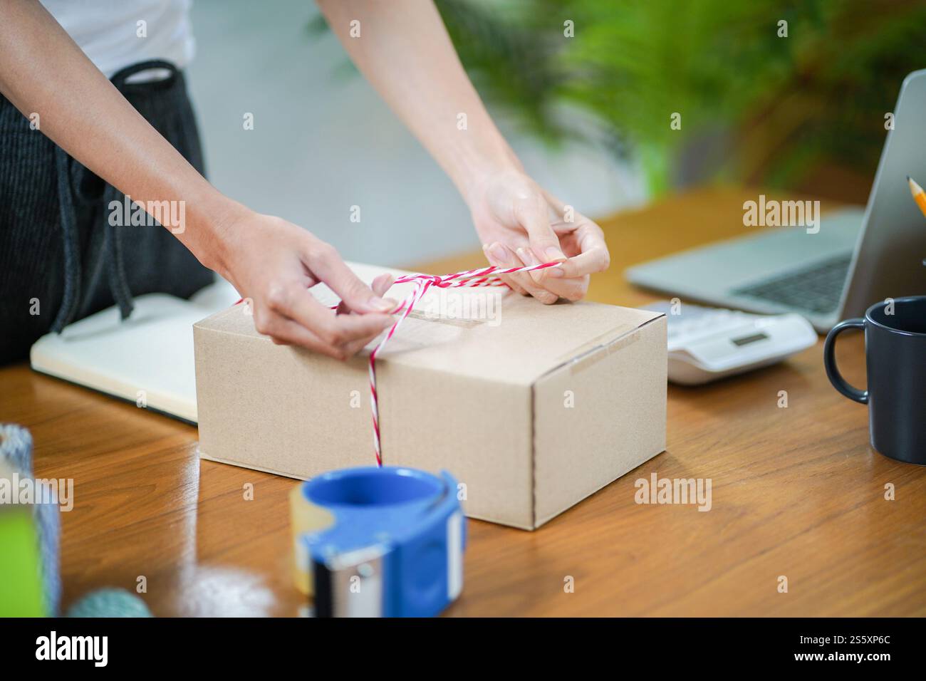 Asiatische Frau, die Paketzustellbox vorbereitet Versand für den Einkauf Online-Zustellung Postservice Menschen und Versandkonzept. Stockfoto