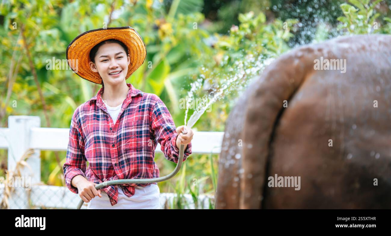 Porträt einer glücklichen jungen asiatischen Bäuerin, die einen Hut trägt, um die Kuh auf der Farm zu säubern. Landwirtschaft, Landwirtschaft, Mensch, Technologie und Tier Stockfoto