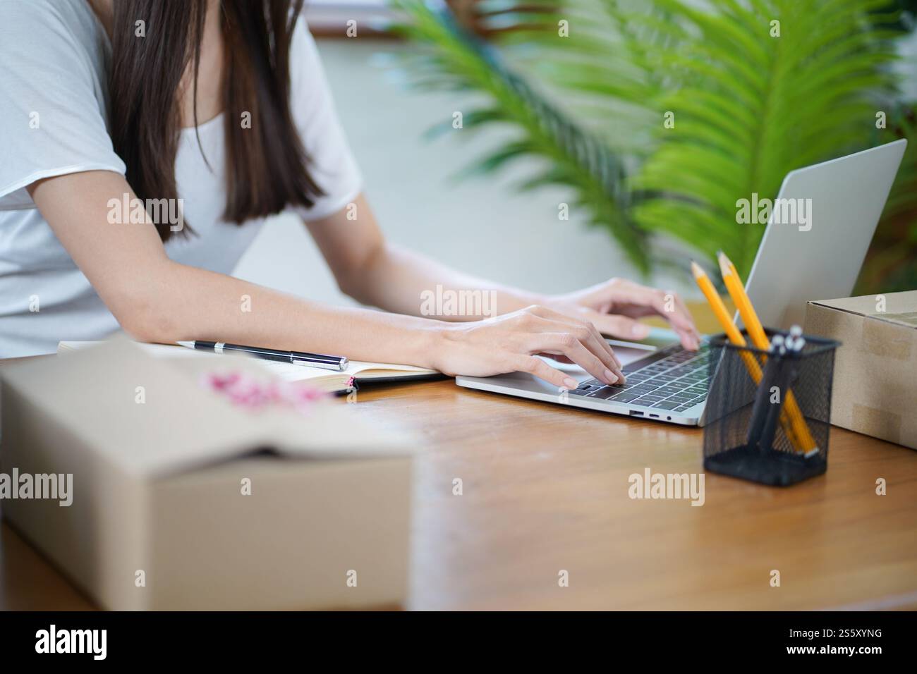 Asiatische Frau, die Paketzustellbox vorbereitet Versand für den Einkauf Online-Zustellung Postservice Menschen und Versandkonzept. Stockfoto