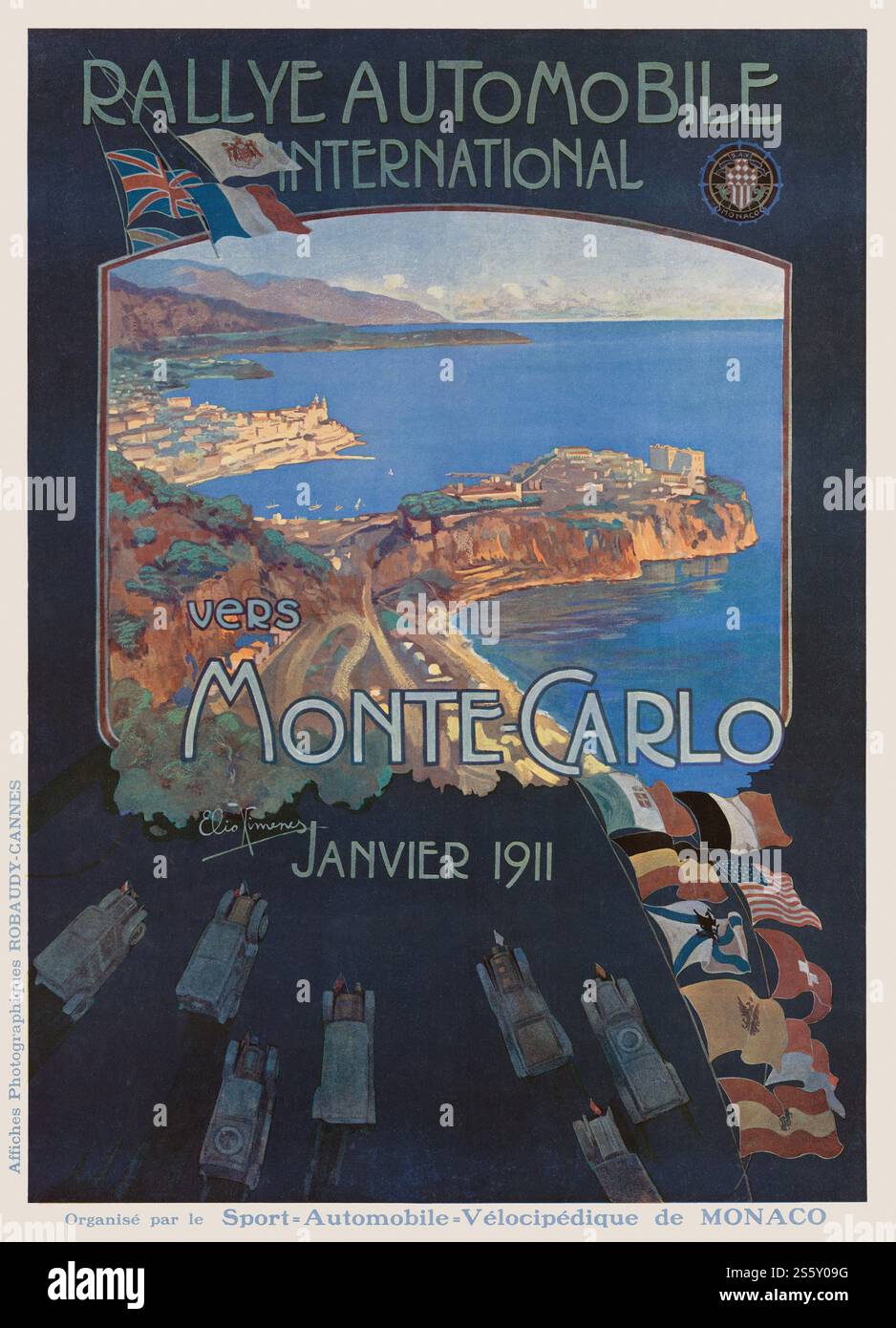 Rallye Automobile International vers Monte-Carlo von Elio Ximenes (1855–1926). Poster veröffentlicht 1911 in Frankreich. Stockfoto