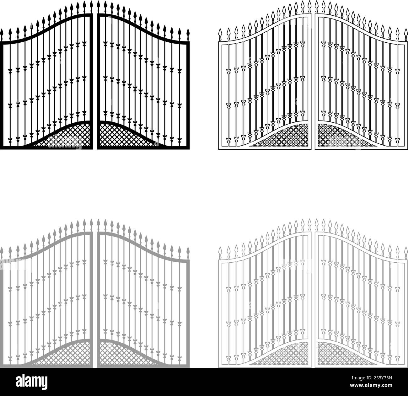 Geschmiedete Gates Icon Kontur Set schwarz grau Farbe Vektor Illustration flach Stil einfaches Bild. Geschmiedete Gates Icon Kontur Set schwarz grau Farbe Vektor Illustration flache Stil Bild Stock Vektor