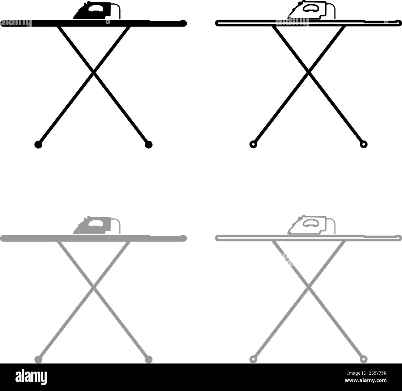 Bügelbrett mit Eisen-Symbol-Umriss Set schwarz grau Farbe Vektor Illustration flache Stil einfaches Bild. Bügelbrett mit Bügeleisen Symbol Umriss Set schwarz grau Farbe Vektor Illustration flache Stil Bild Stock Vektor