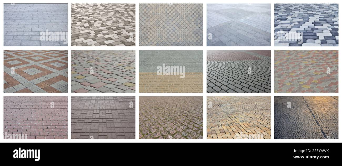 Eine Collage von vielen Bildern mit Fragmenten der Bodenplatten close-up. Einstellen von Bildern mit Pflaster Stein Stockfoto