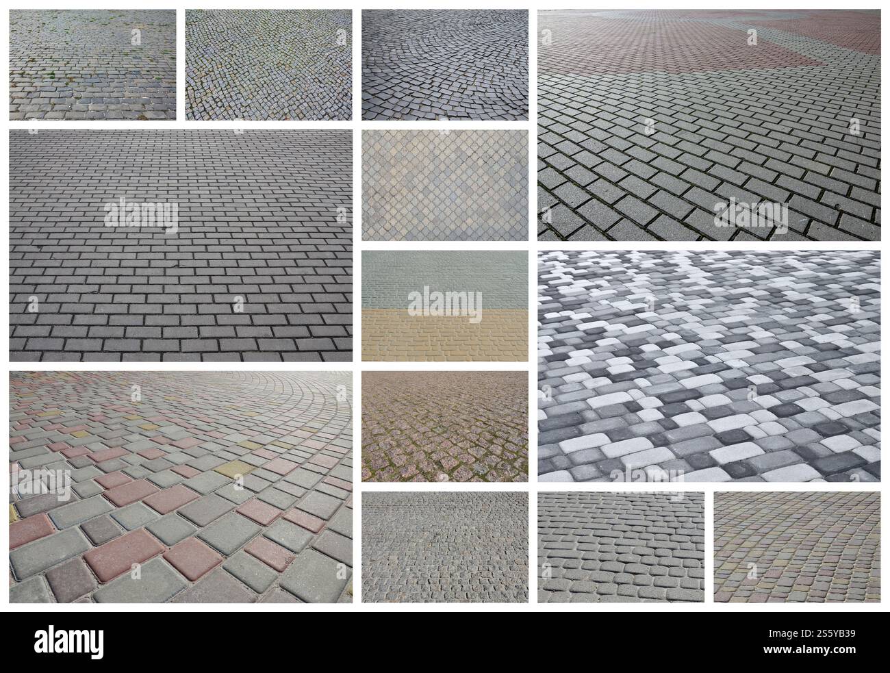 Eine Collage von vielen Bildern mit Fragmenten der Bodenplatten close-up. Einstellen von Bildern mit Pflaster Stein Stockfoto