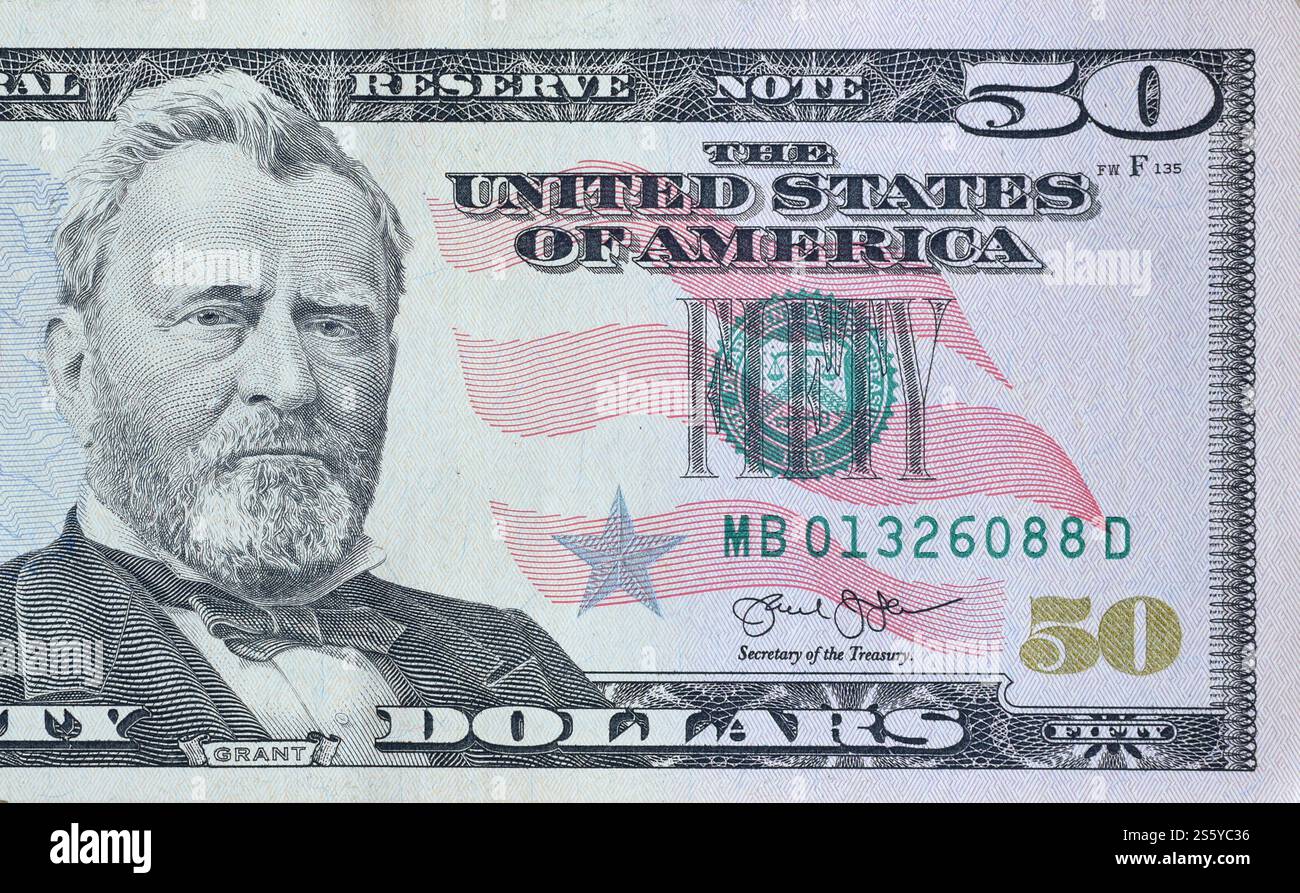 Porträt des US-Präsidenten Ulysses Simpson Grant auf einem 50-Dollar-Banknotennahmeblatt. us-50-Dollar-Geldschein aus nächster Nähe. Stockfoto