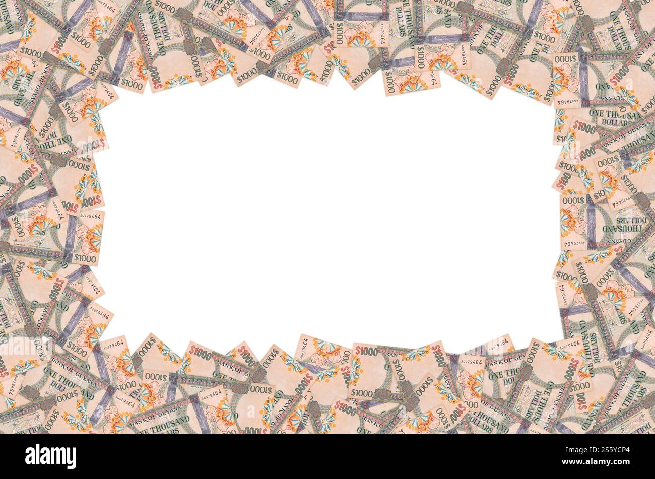 Ein Teil des braunen Guyana-1000-Dollar-Banknotenmusters aus nächster Nähe. Teil des braunen Guyana 1000-Dollar-Banknotenmusters Stockfoto