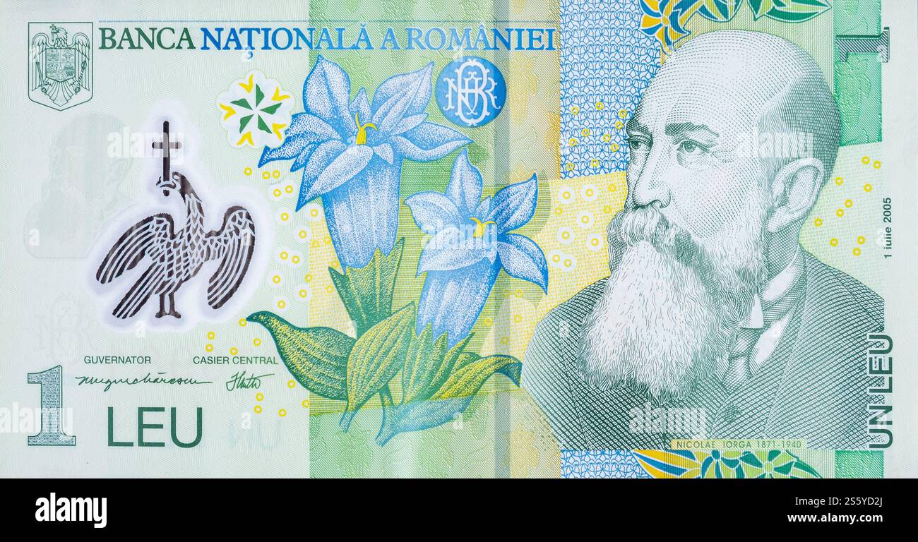 Nicolae Iorga Porträt auf rumänischem Geld 1 Leu 2005 Banknote von rumänischer Bank. Nicolae Iorga berühmter Historiker, Gedächtnisforscher und Universitätsprofessor. Stockfoto