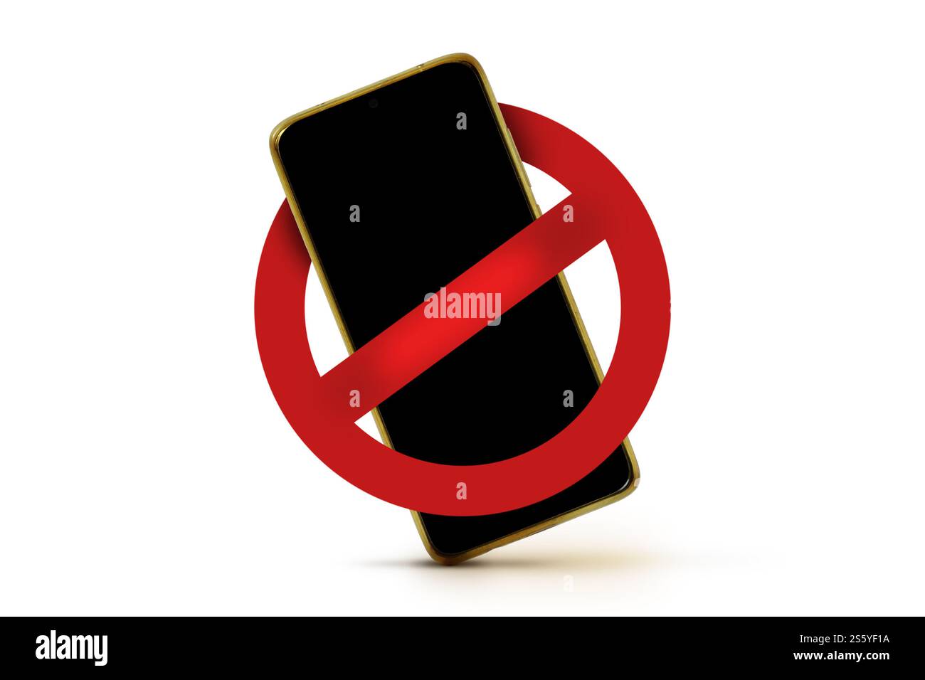 Mobiltelefon mit Verbotsschild auf weißem Hintergrund - Kein Mobiltelefon Konzept Stockfoto