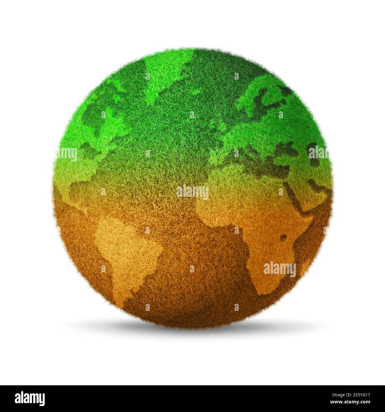 Weltkugel bedeckt mit Gras, das aufgrund der globalen Erwärmung austrocknet. Isoliert auf weißem Hintergrund. Umweltschutzsymbol. 3D-Abbildung. Stockfoto