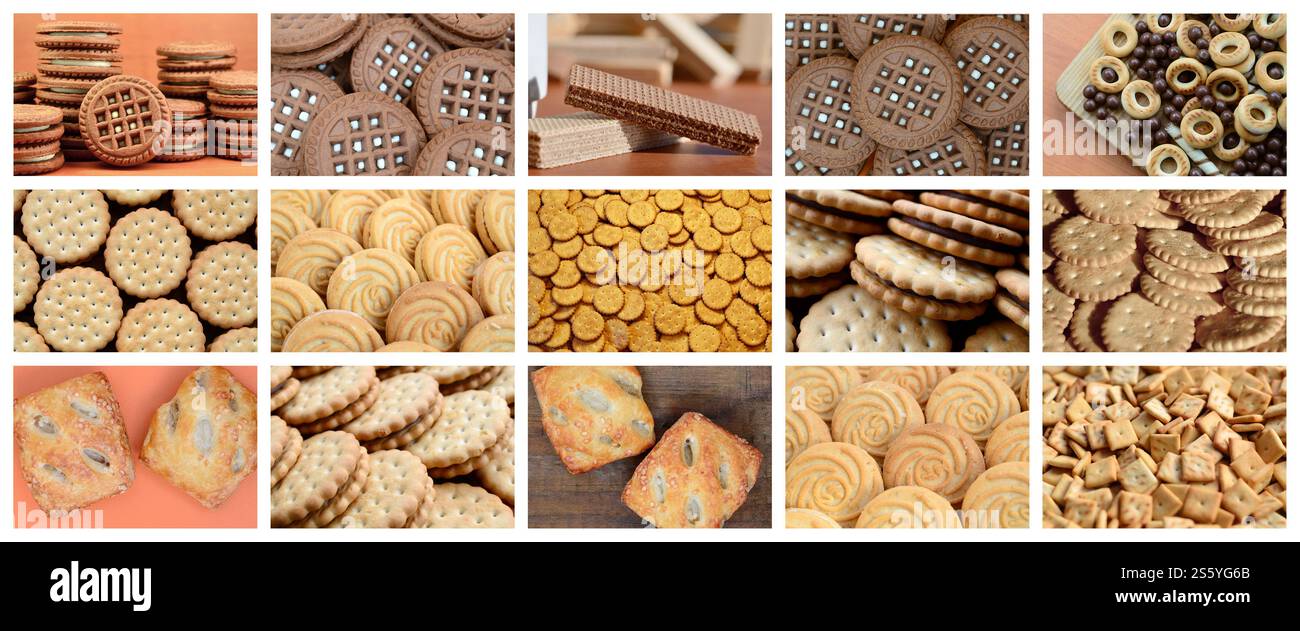 Eine Collage von vielen Bildern mit verschiedenen Spezialitäten. Eine Reihe von Bildern mit Sorten von Gebäck, Bagels und Süßigkeiten Stockfoto
