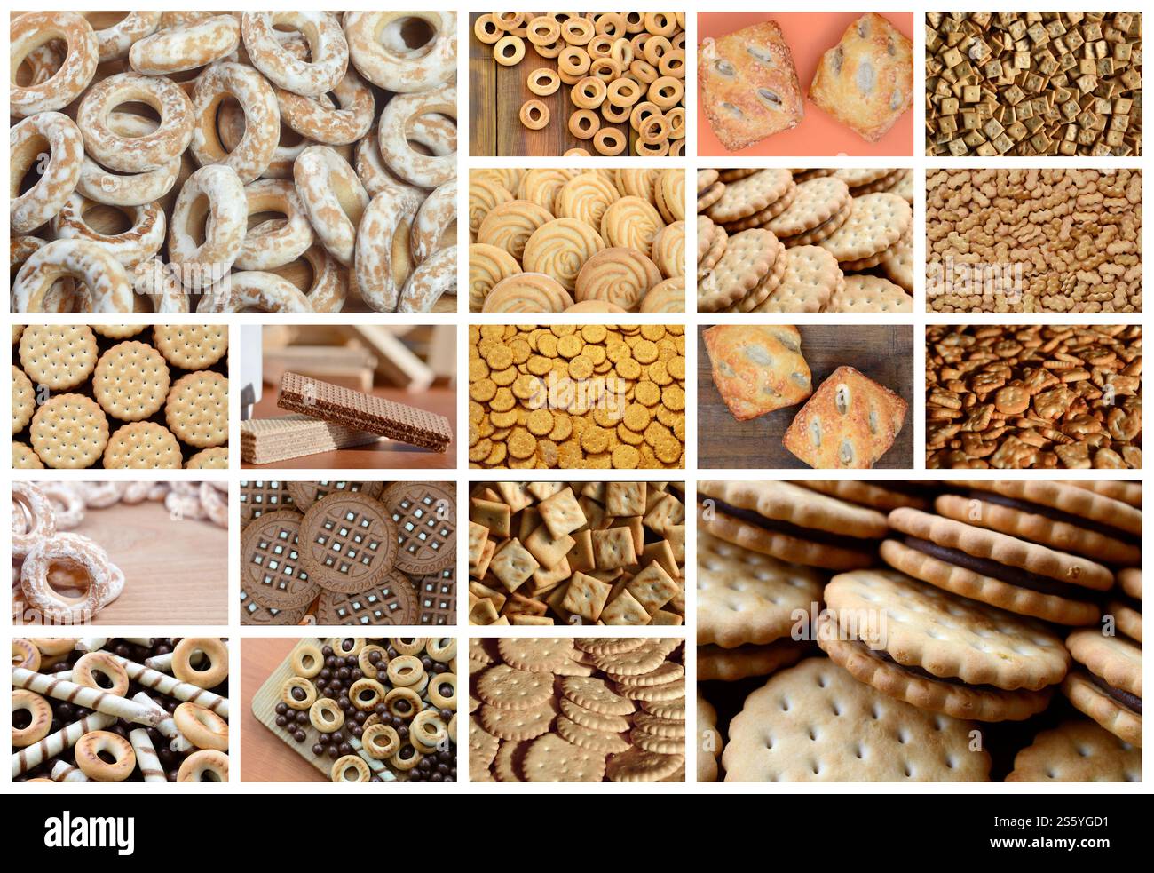 Eine Collage von vielen Bildern mit verschiedenen Spezialitäten. Eine Reihe von Bildern mit Sorten von Gebäck, Bagels und Süßigkeiten Stockfoto