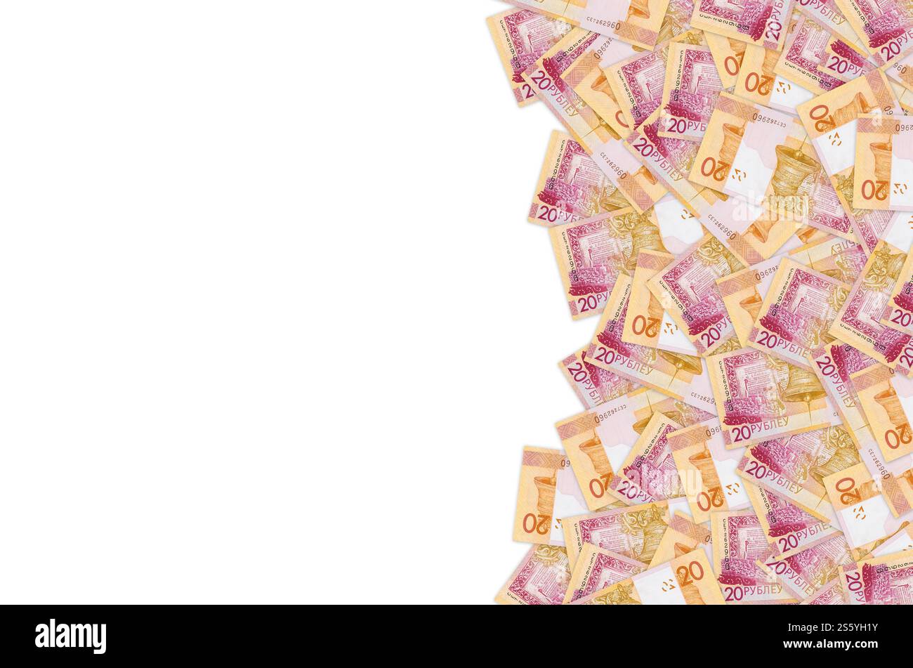 Nahaufnahme des neuen belarussischen Geldes 20 Rubel. Entwickelt 2009 nach der belarussischen Banknotenstückelung. Muster des Neubelarussischen Stockfoto