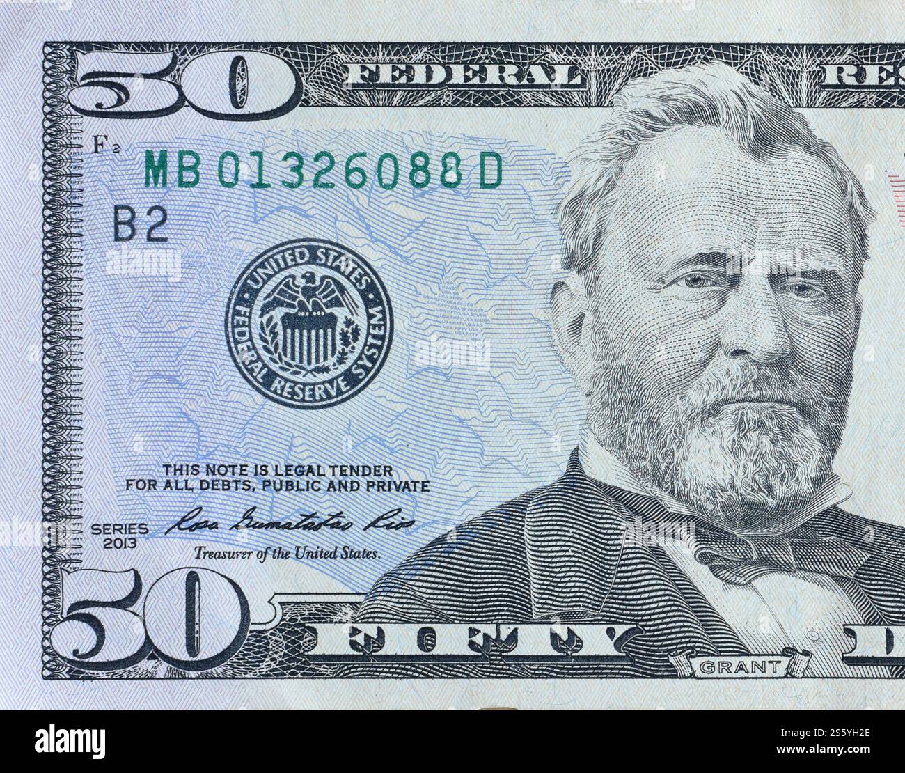 Porträt des US-Präsidenten Ulysses Simpson Grant auf einem 50-Dollar-Banknotennahmeblatt. us-50-Dollar-Geldschein aus nächster Nähe. Stockfoto