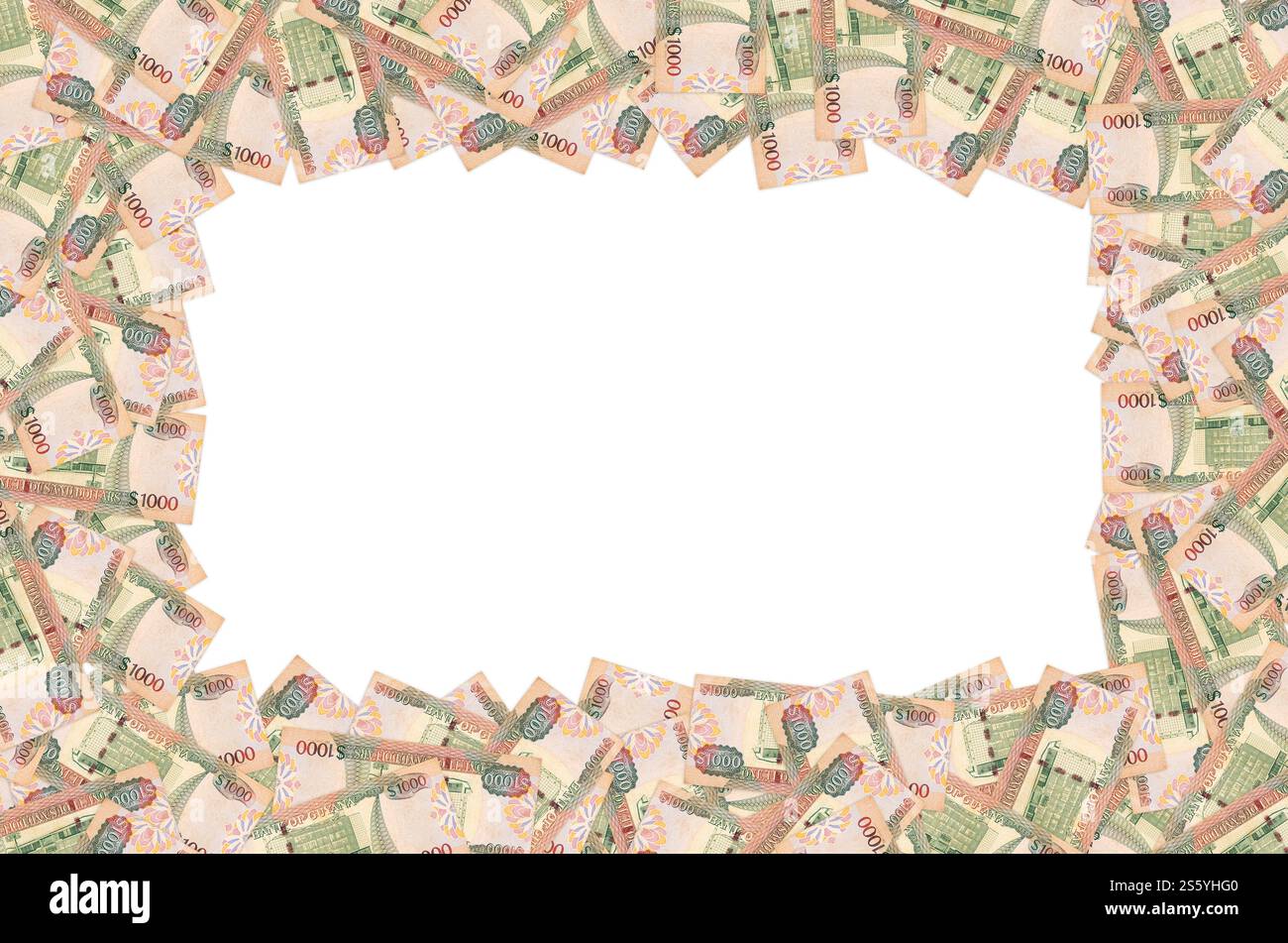 Ein Teil des braunen Guyana-1000-Dollar-Banknotenmusters aus nächster Nähe. Teil des braunen Guyana 1000-Dollar-Banknotenmusters Stockfoto