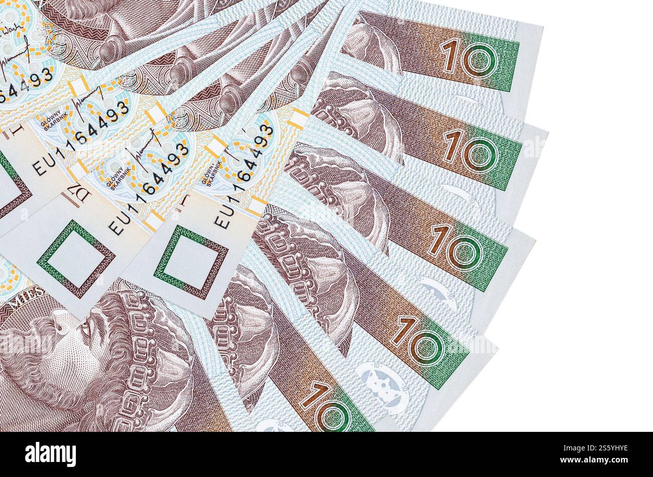 10 polnische Zloty-Scheine liegen isoliert auf weißem Hintergrund mit einem in Fächerform gestapelten Kopierraum aus nächster Nähe. Finanztransaktionen. 10 Polnisch Stockfoto