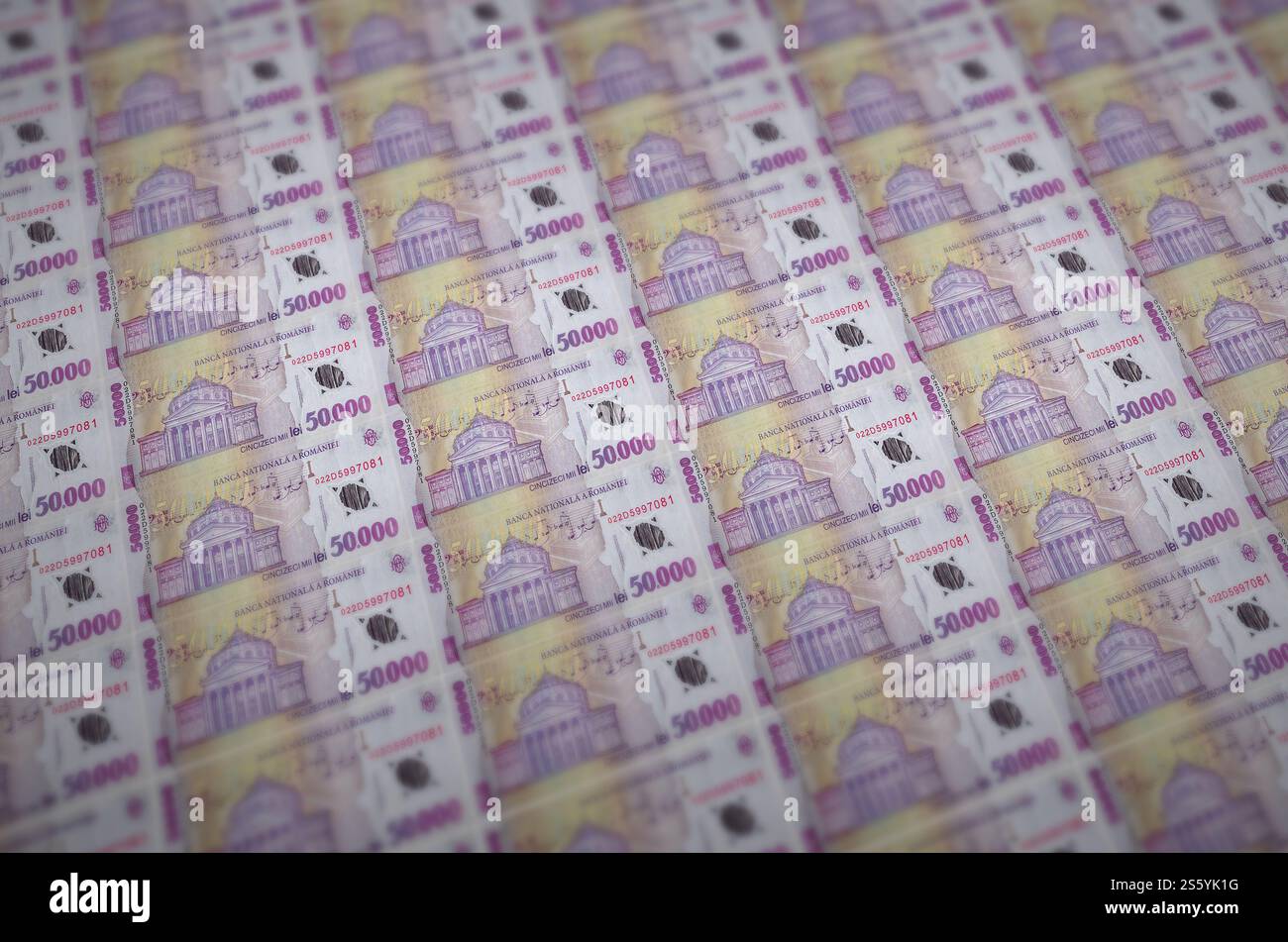 50000 rumänische Leu-Scheine, die auf einem illegalen Förderband gedruckt wurden. Collage aus vielen gefälschten Rechnungen. Konzept der Fälschungsmassenarbeit. 50000 Stockfoto