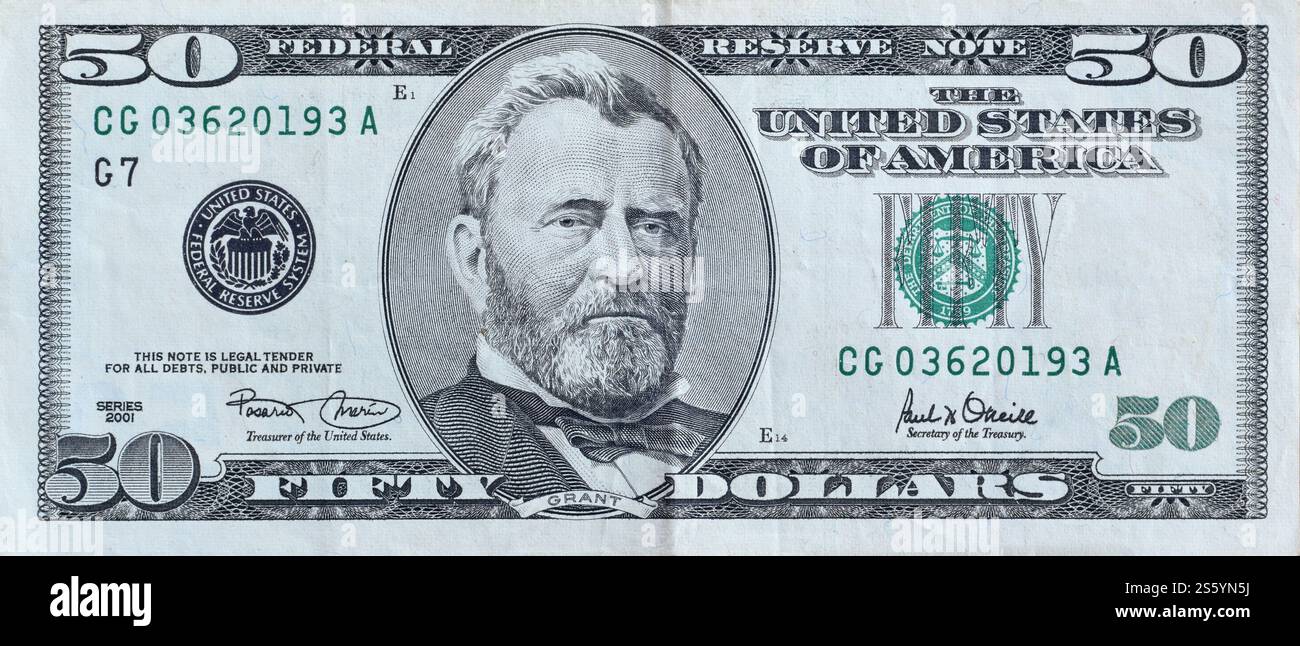 Porträt des US-Präsidenten Ulysses Simpson Grant auf einem 50-Dollar-Banknotennahmeblatt. us-50-Dollar-Geldschein aus nächster Nähe. Stockfoto