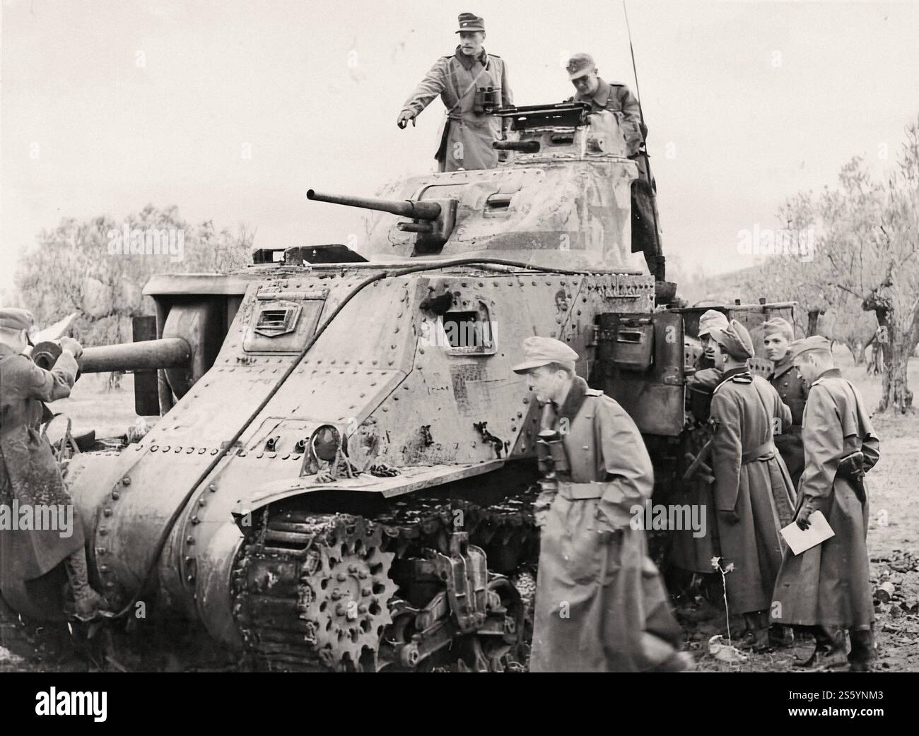 Soldaten des Afrikakorps untersuchen den gefangenen Panzer M3 1. US-Panzerdivision in Tunesien - Historisches Dokument, Fotograf unbekannt Stockfoto