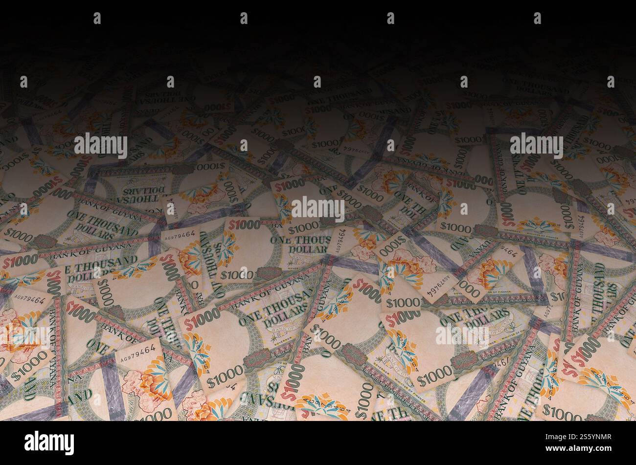 Ein Teil des braunen Guyana-1000-Dollar-Banknotenmusters aus nächster Nähe. Teil des braunen Guyana 1000-Dollar-Banknotenmusters Stockfoto