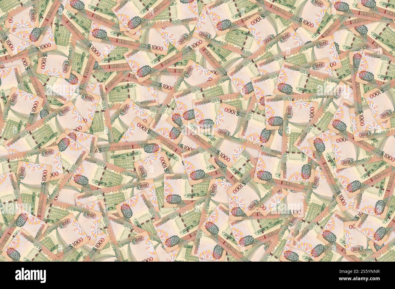 Ein Teil des braunen Guyana-1000-Dollar-Banknotenmusters aus nächster Nähe. Teil des braunen Guyana 1000-Dollar-Banknotenmusters Stockfoto