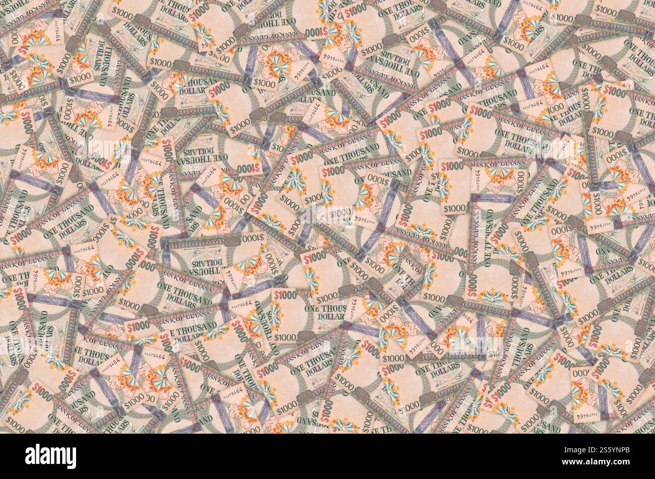 Ein Teil des braunen Guyana-1000-Dollar-Banknotenmusters aus nächster Nähe. Teil des braunen Guyana 1000-Dollar-Banknotenmusters Stockfoto