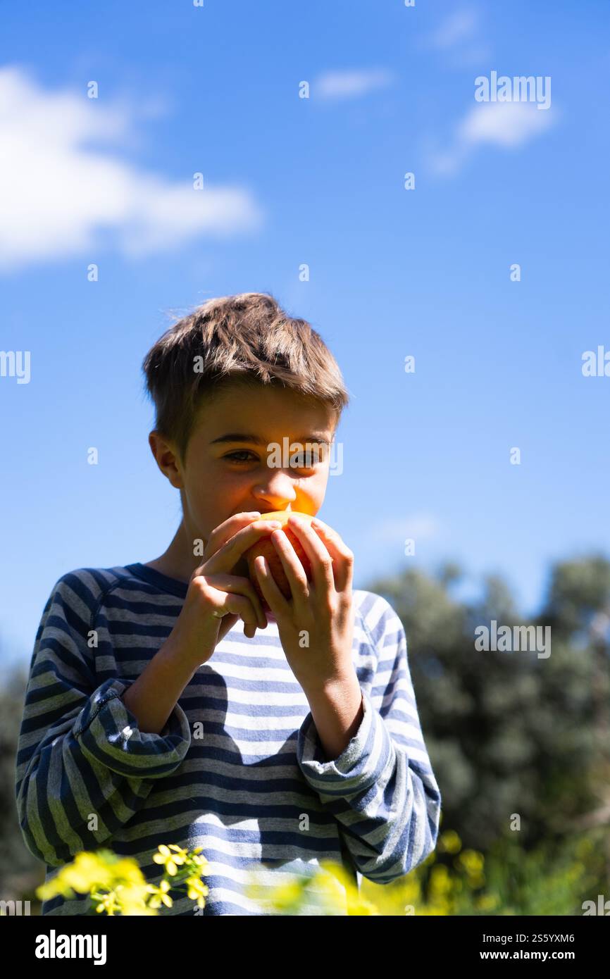 Junge genießt einen frischen, Reifen Apfel im Freien, fördert gesunde Essgewohnheiten und Verbindung mit der Natur Stockfoto