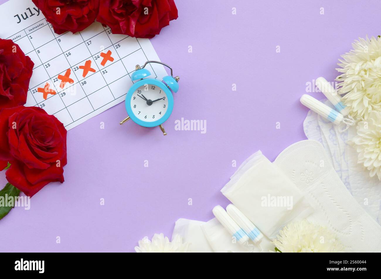 Menstruationspads und Tampons im Menstruationskalender mit blauem Wecker und roten Rosen. Aspekte des Frauenwohlbefindens in der Monthlie-Zeit. Frau Stockfoto