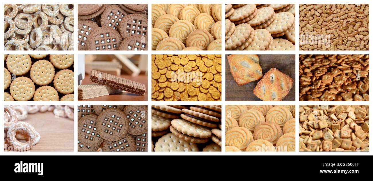 Eine Collage von vielen Bildern mit verschiedenen Spezialitäten. Eine Reihe von Bildern mit Sorten von Gebäck, Bagels und Süßigkeiten Stockfoto