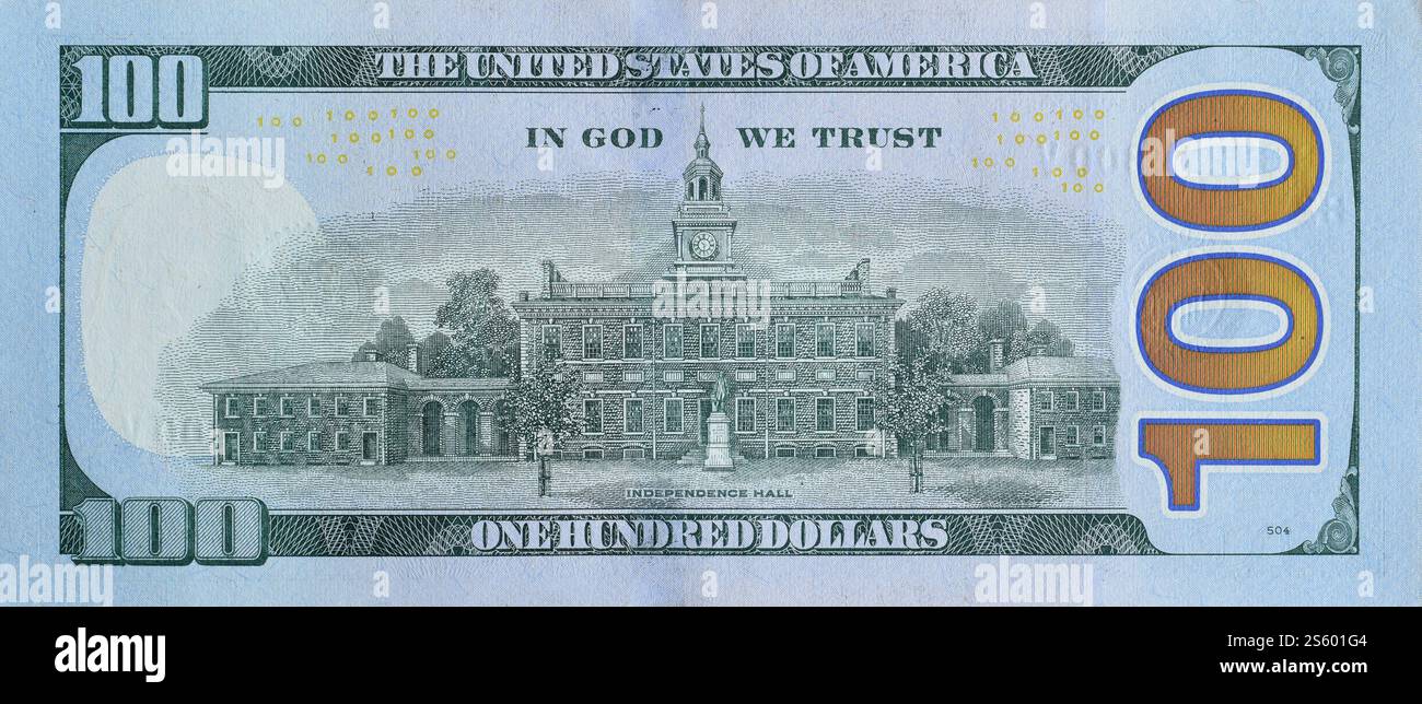 Independence Hall auf 100 Dollar Banknote Rückseite Closeup Makro Fragment. United States Hundert Dollar Geldrechnung knapp Stockfoto