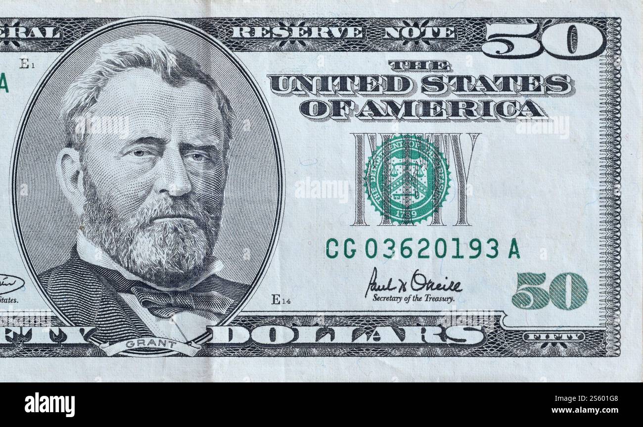 Porträt des US-Präsidenten Ulysses Simpson Grant auf einem 50-Dollar-Banknotennahmeblatt. us-50-Dollar-Geldschein aus nächster Nähe. Stockfoto