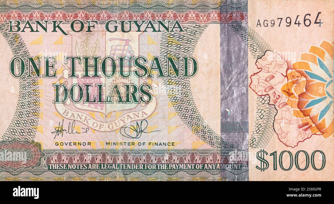 Ein Teil des braunen Guyana-1000-Dollar-Banknotenfragments aus nächster Nähe. Teil des braunen Guyana-1000-Dollar-Banknotenfragments Stockfoto