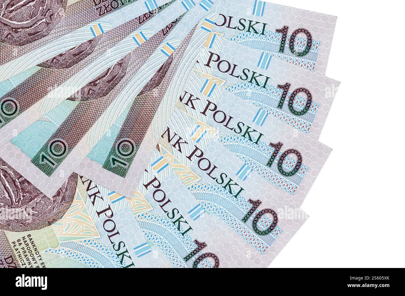 10 polnische Zloty-Scheine liegen isoliert auf weißem Hintergrund mit einem in Fächerform gestapelten Kopierraum aus nächster Nähe. Finanztransaktionen. 10 Polnisch Stockfoto