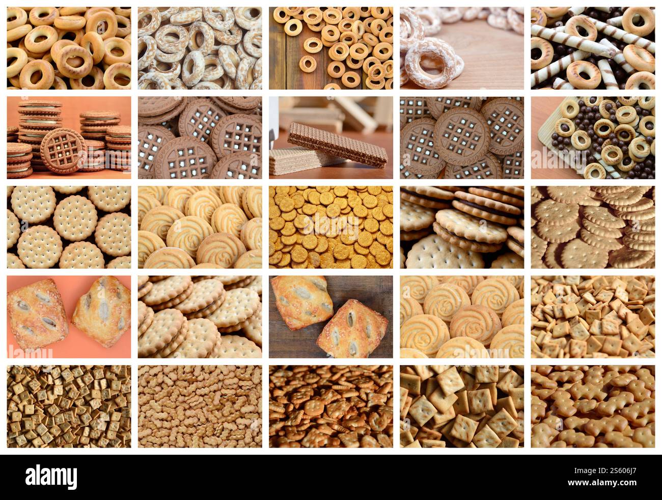 Eine Collage von vielen Bildern mit verschiedenen Spezialitäten. Eine Reihe von Bildern mit Sorten von Gebäck, Bagels und Süßigkeiten Stockfoto