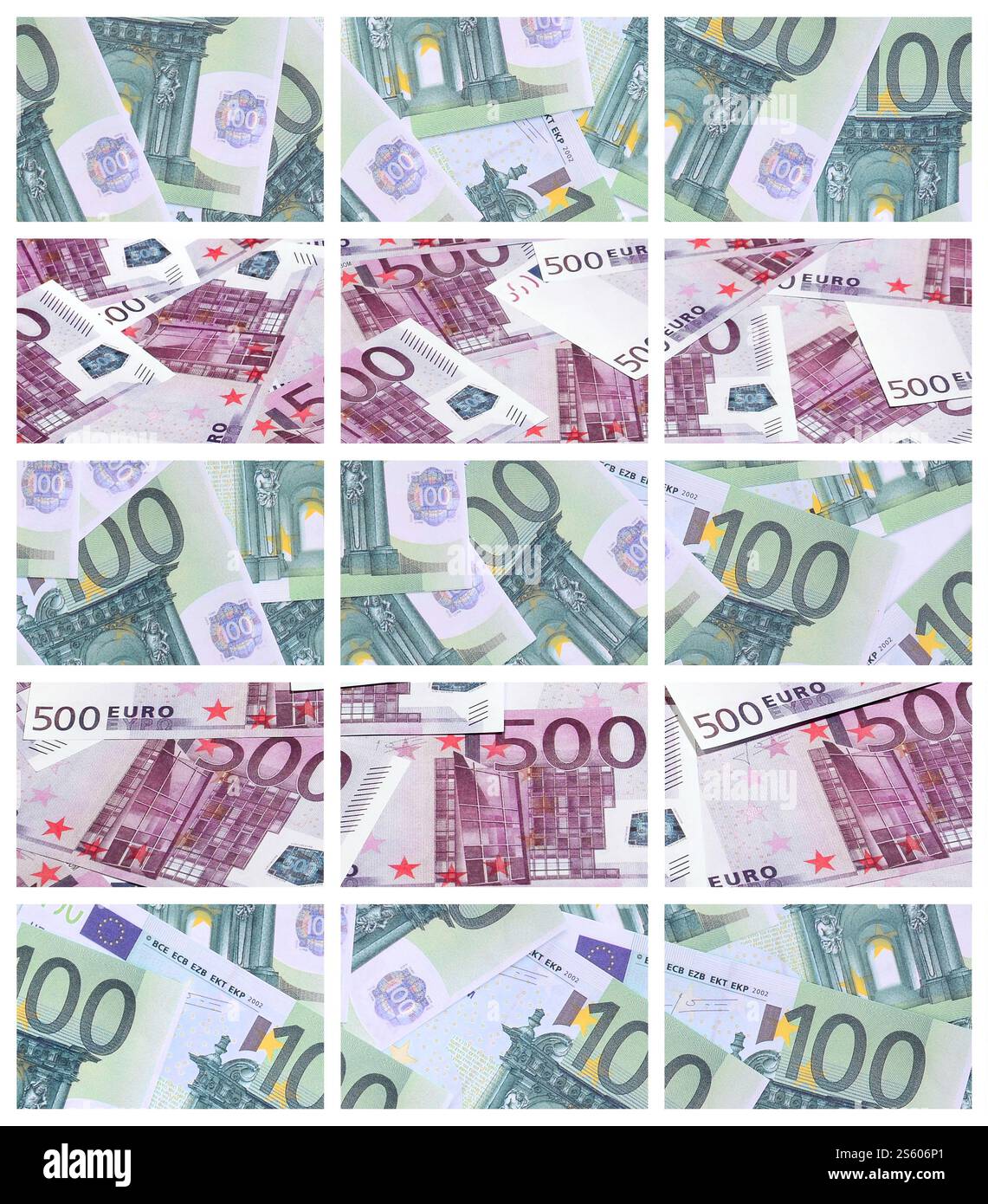 Eine Collage aus vielen Bildern von Hunderte von Dollar und Euro Rechnungen in einem Haufen Lügen Stockfoto