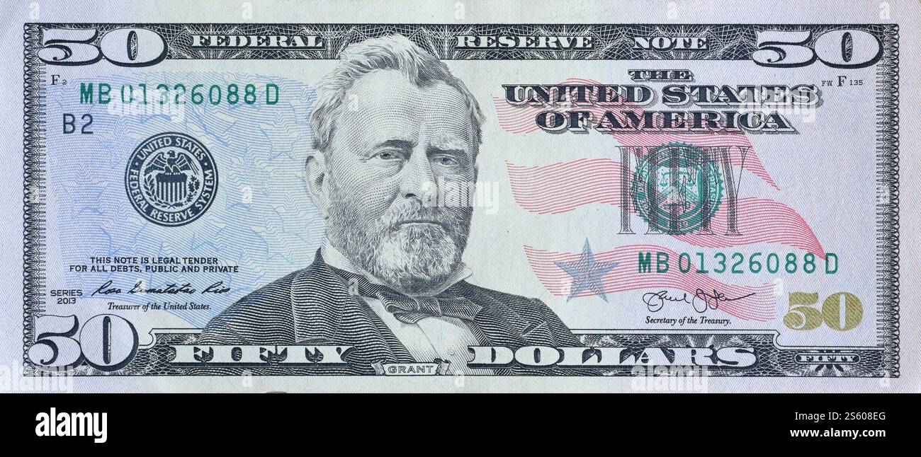 Porträt des US-Präsidenten Ulysses Simpson Grant auf einem 50-Dollar-Banknotennahmeblatt. us-50-Dollar-Geldschein aus nächster Nähe. Stockfoto