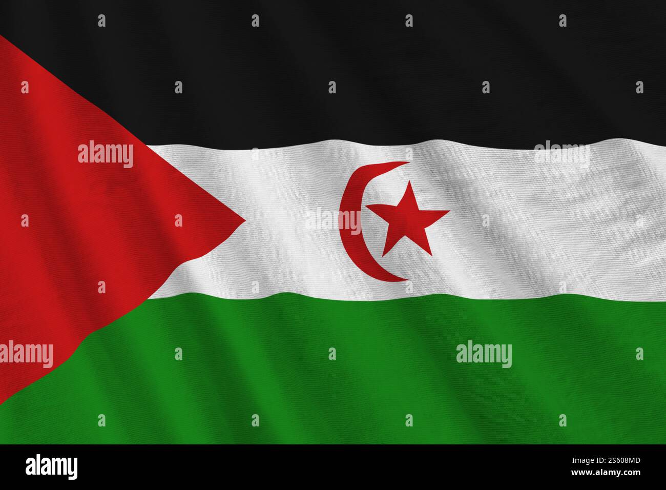 Die Westsahara-Flagge mit großen Falten winkt ganz nah unter dem Studio-Licht drinnen. Die offiziellen Symbole und Farben im Stoffbanner. Westsahara Stockfoto