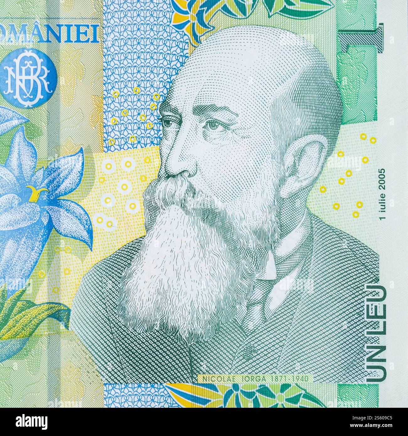 Nicolae Iorga Porträt auf rumänischem Geld 1 Leu 2005 Banknote von rumänischer Bank. Nicolae Iorga berühmter Historiker, Gedächtnisforscher und Universitätsprofessor. Stockfoto