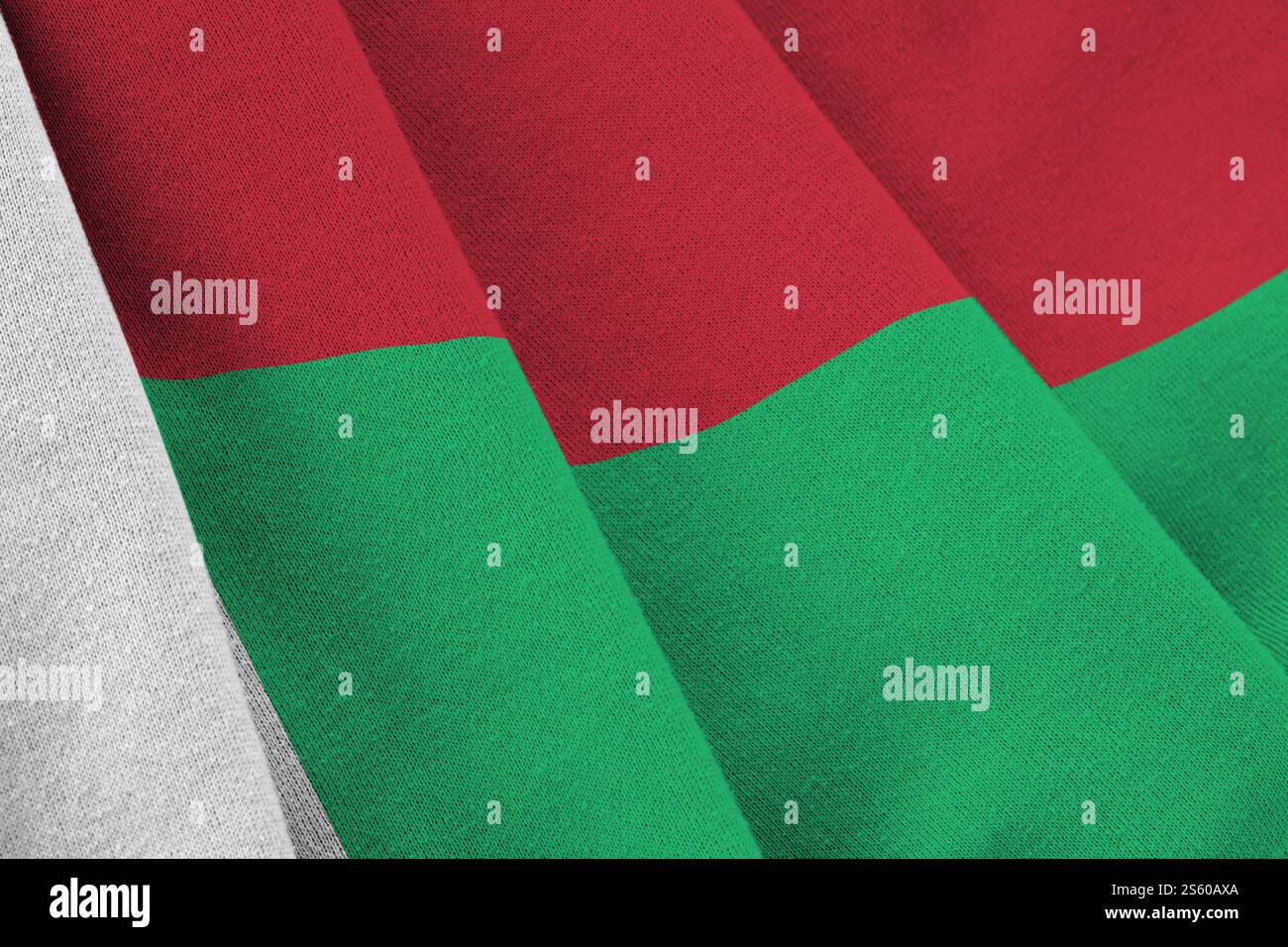Madagaskar-Flagge mit großen Falten, die dicht oben unter dem Studio-Licht winken. Die offiziellen Symbole und Farben im Stoffbanner. Madagaskar Flagge mit Stockfoto
