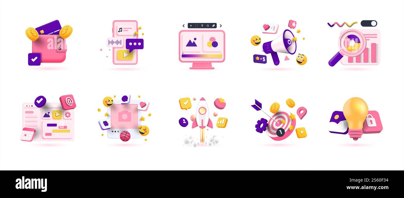 3D-Business-Symbolsatz. Trendige Illustrationen zu digitalem Geschäft, Marketing, Datenanalyse, Social Media, Startup, Lösung und Förderung. 3D rendern Stockfoto