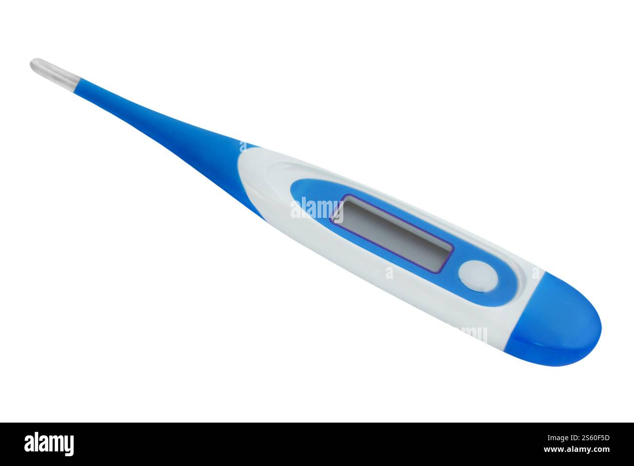Blaues digitales klinisches Thermometer, isoliert auf weißem Hintergrund Stockfoto