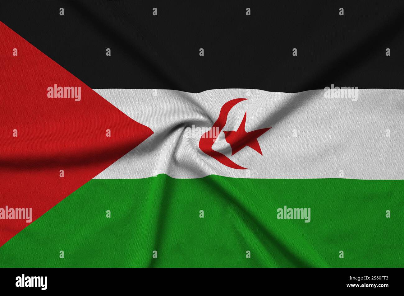 Die Westsahara-Flagge ist auf einem Sportstoff mit vielen Falten abgebildet. Das Sportteam schwenkt Banner. Die Westsahara-Flagge ist auf einem Sporttuch abgebildet Stockfoto