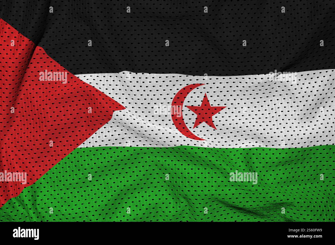 Die Westsahara-Flagge ist auf einem Polyester-Nylon-Mesh-Material mit einigen Falten gedruckt. Die Westsahara-Flagge ist auf einer Sportbekleidung aus Polyester-Nylon aufgedruckt Stockfoto