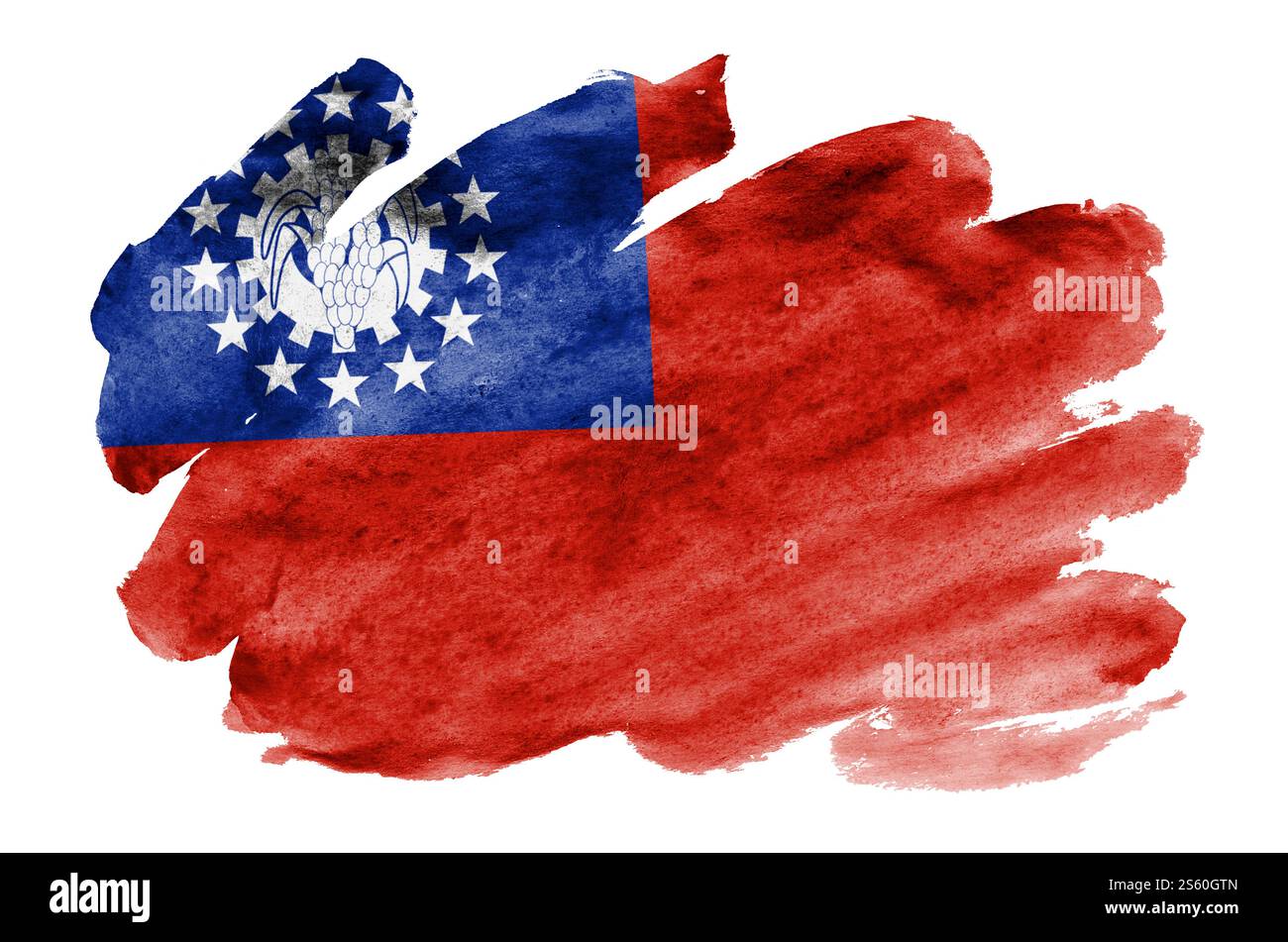 Myanmar-Flagge ist in flüssigem Aquarell dargestellt, isoliert auf weißem Hintergrund. Unvorsichtige Farbschattierung mit Bild der Nationalflagge. Unabhängigkeit Stockfoto