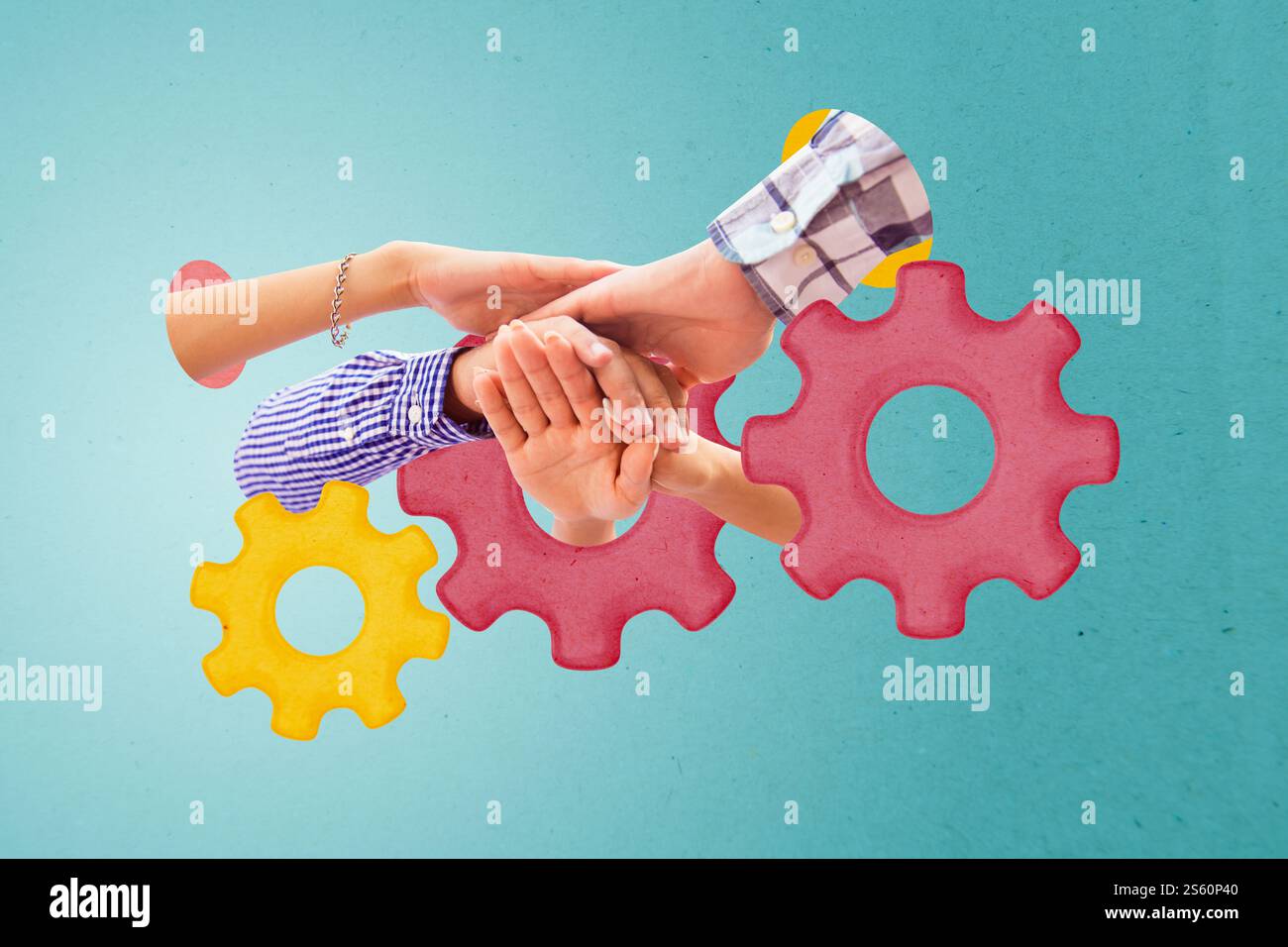 Composite Art 3D kreative Bildcollage der Hände vertrauen gemeinsam auf die Optimierung der Zahnradeinstellungen mit fünf Gesten Stockfoto
